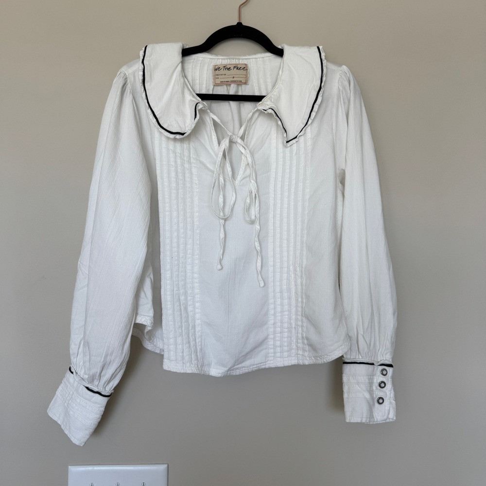 We The Free Free People White Cotton Pintuck Blouse Peter Pan Collar S